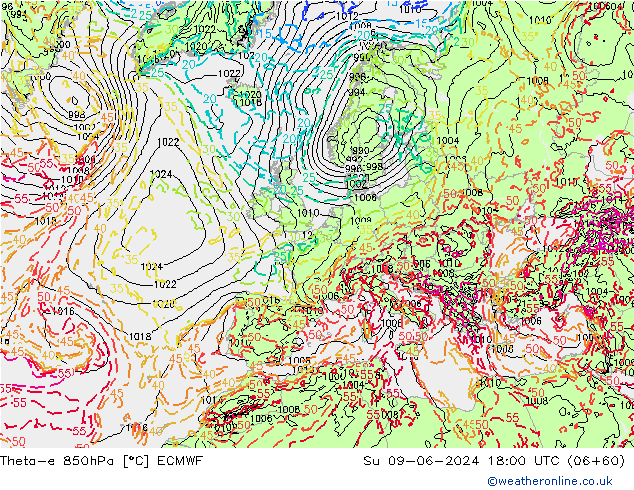 Theta-e 850hPa ECMWF  09.06.2024 18 UTC