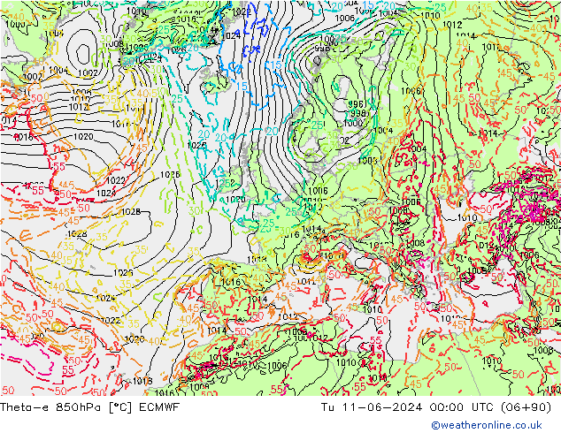 Theta-e 850hPa ECMWF Sa 11.06.2024 00 UTC