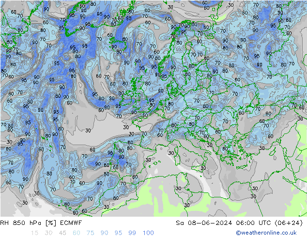 RH 850 hPa ECMWF Sa 08.06.2024 06 UTC