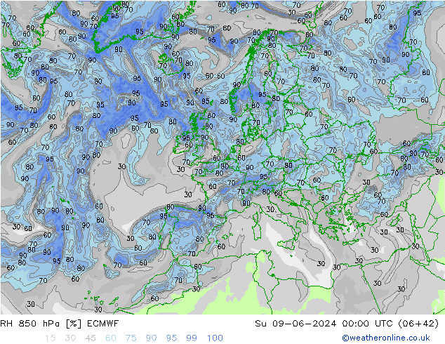 RH 850 hPa ECMWF Su 09.06.2024 00 UTC