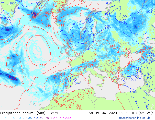 Precipitation accum. ECMWF sab 08.06.2024 12 UTC