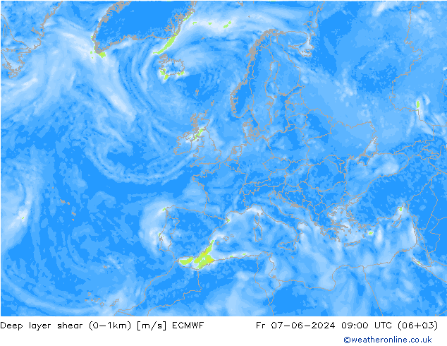 Deep layer shear (0-1km) ECMWF пт 07.06.2024 09 UTC