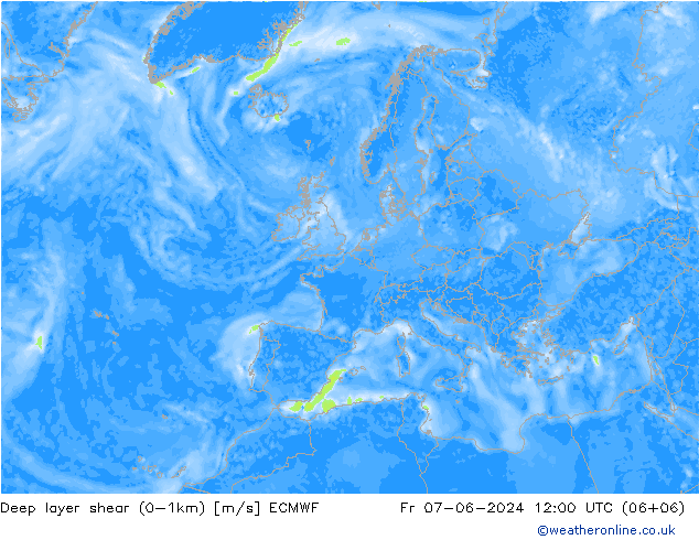 Deep layer shear (0-1km) ECMWF vr 07.06.2024 12 UTC