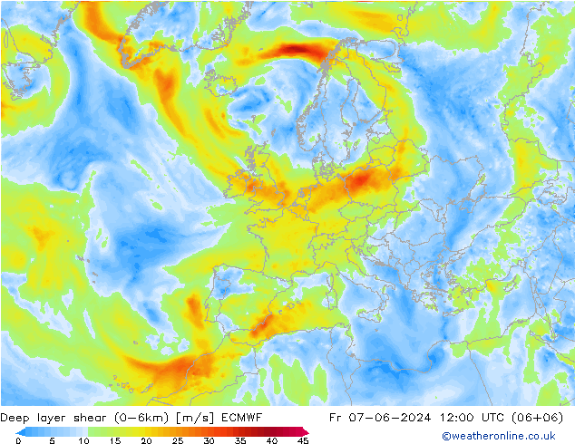 Deep layer shear (0-6km) ECMWF 星期五 07.06.2024 12 UTC