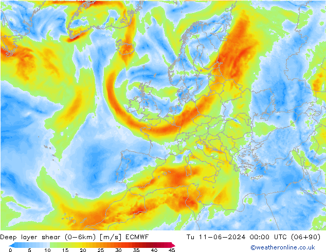 Deep layer shear (0-6km) ECMWF Di 11.06.2024 00 UTC