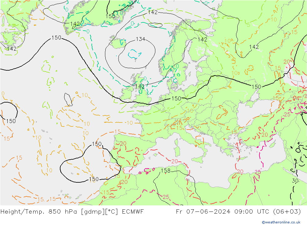 Height/Temp. 850 hPa ECMWF Pá 07.06.2024 09 UTC