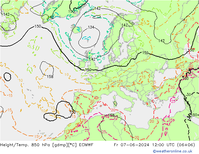 Height/Temp. 850 hPa ECMWF ven 07.06.2024 12 UTC