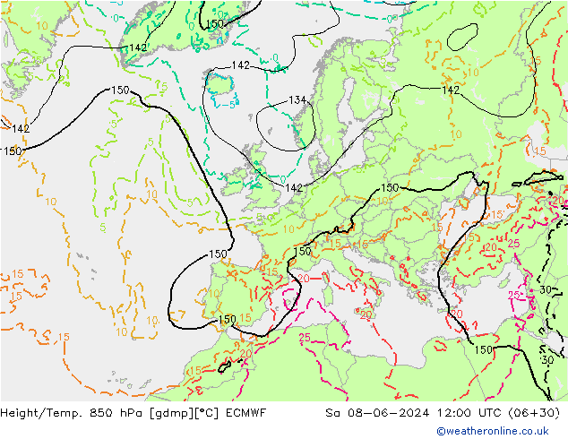 Z500/Rain (+SLP)/Z850 ECMWF Sa 08.06.2024 12 UTC