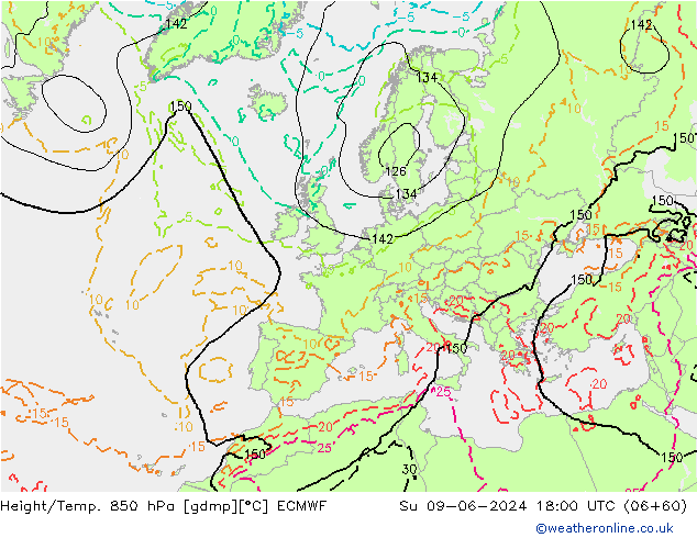 Geop./Temp. 850 hPa ECMWF dom 09.06.2024 18 UTC