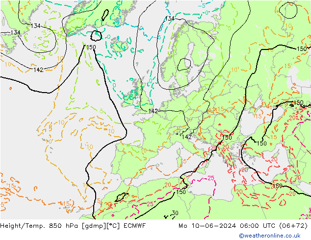 Geop./Temp. 850 hPa ECMWF lun 10.06.2024 06 UTC