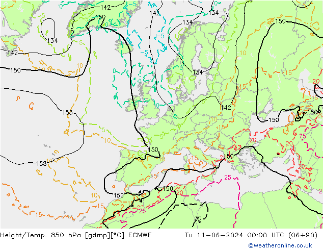 Height/Temp. 850 hPa ECMWF Út 11.06.2024 00 UTC