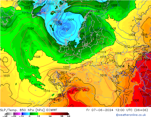 SLP/Temp. 850 hPa ECMWF Fr 07.06.2024 12 UTC