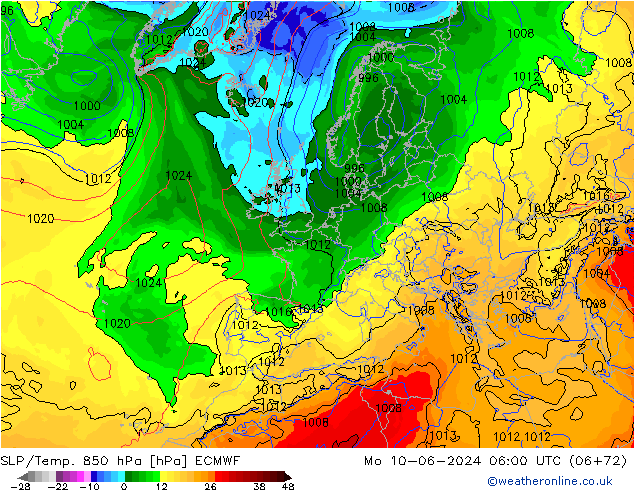 SLP/Temp. 850 hPa ECMWF Mo 10.06.2024 06 UTC