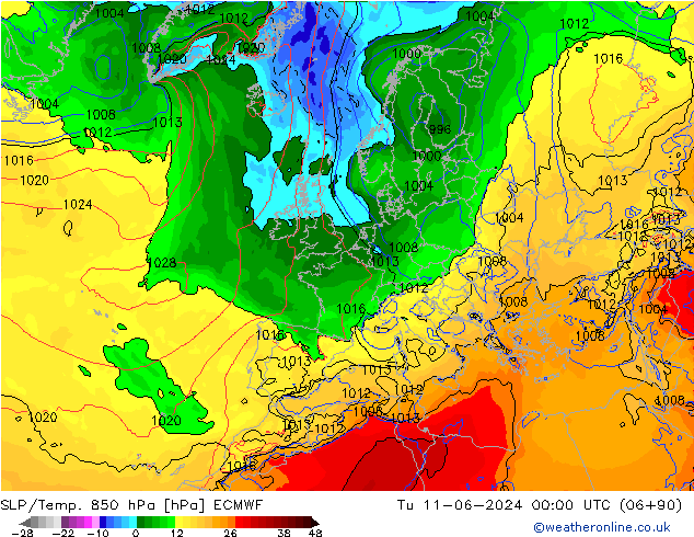 SLP/Temp. 850 гПа ECMWF вт 11.06.2024 00 UTC