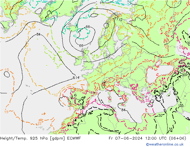 Height/Temp. 925 hPa ECMWF Fr 07.06.2024 12 UTC