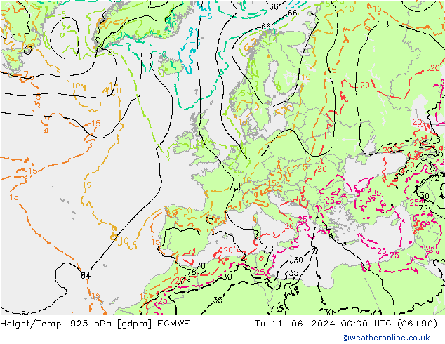 Height/Temp. 925 hPa ECMWF Di 11.06.2024 00 UTC