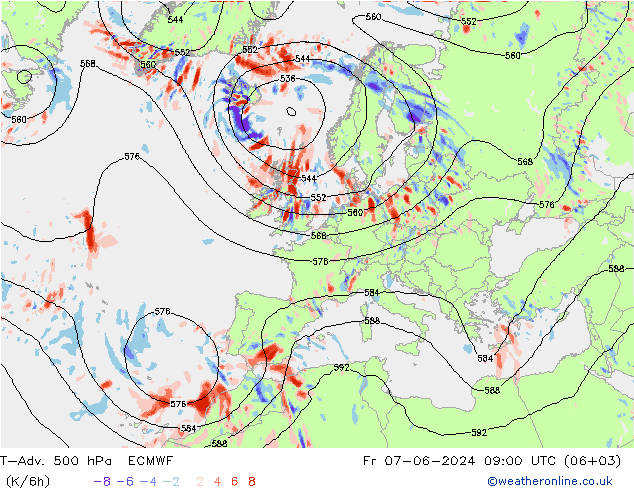 T-Adv. 500 hPa ECMWF Fr 07.06.2024 09 UTC