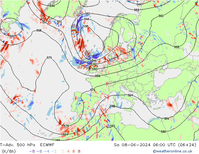 T-Adv. 500 hPa ECMWF So 08.06.2024 06 UTC