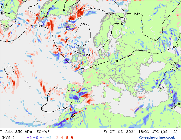 T-Adv. 850 hPa ECMWF Fr 07.06.2024 18 UTC