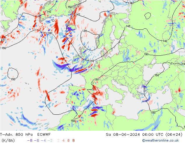 T-Adv. 850 hPa ECMWF sam 08.06.2024 06 UTC