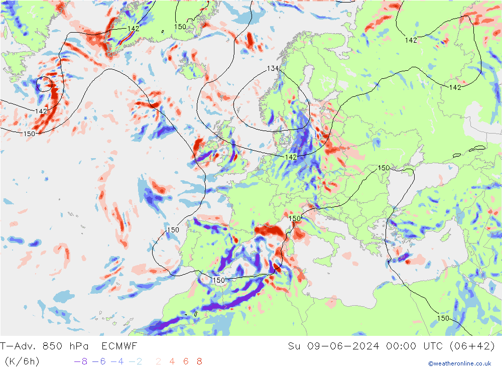 T-Adv. 850 hPa ECMWF dom 09.06.2024 00 UTC