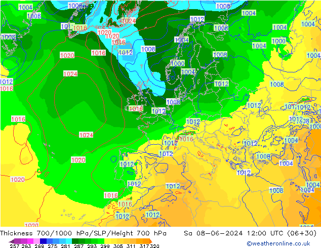 Schichtdicke 700-1000 hPa ECMWF Sa 08.06.2024 12 UTC