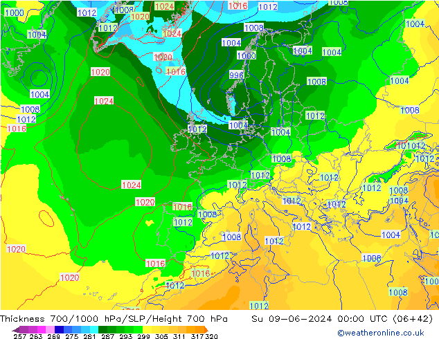 Thck 700-1000 hPa ECMWF Su 09.06.2024 00 UTC