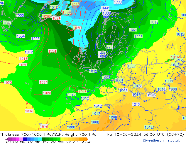 Schichtdicke 700-1000 hPa ECMWF Mo 10.06.2024 06 UTC