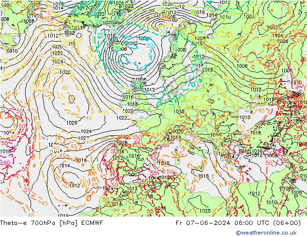 Theta-e 700hPa ECMWF vie 07.06.2024 06 UTC