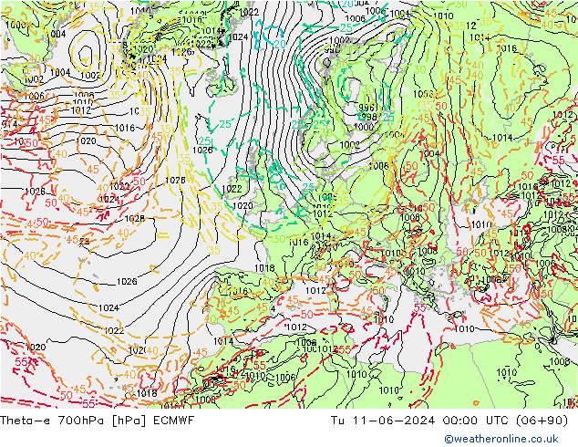 Theta-e 700hPa ECMWF mar 11.06.2024 00 UTC