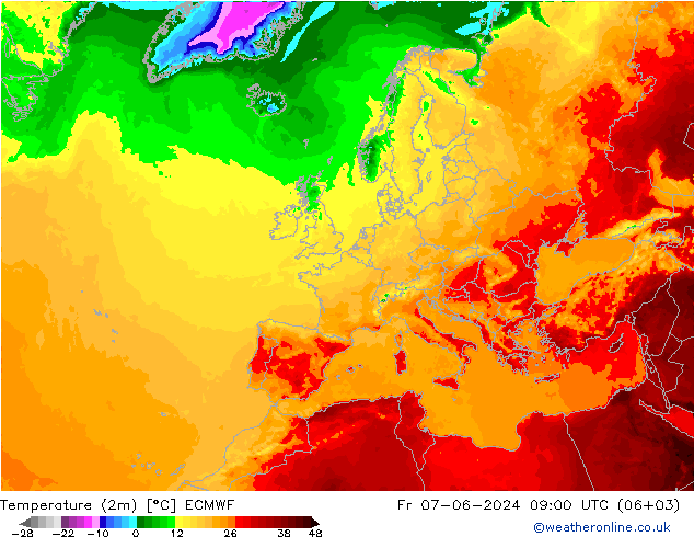 Temperatura (2m) ECMWF vie 07.06.2024 09 UTC