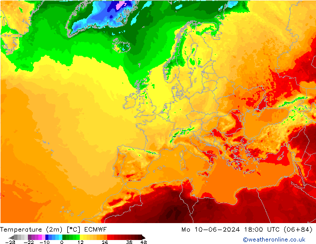 Temperature (2m) ECMWF Mo 10.06.2024 18 UTC