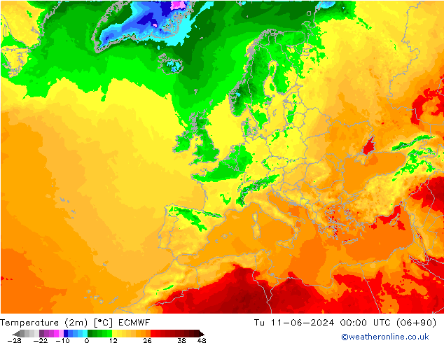 Temperaturkarte (2m) ECMWF Di 11.06.2024 00 UTC