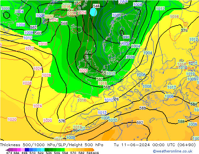 Thck 500-1000hPa ECMWF Tu 11.06.2024 00 UTC