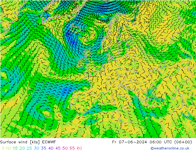 Viento 10 m ECMWF vie 07.06.2024 06 UTC