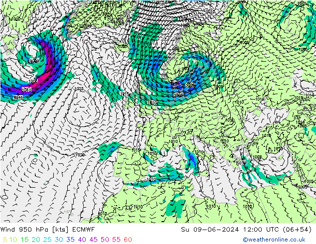 Rüzgar 950 hPa ECMWF Paz 09.06.2024 12 UTC