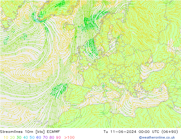 Stromlinien 10m ECMWF Di 11.06.2024 00 UTC