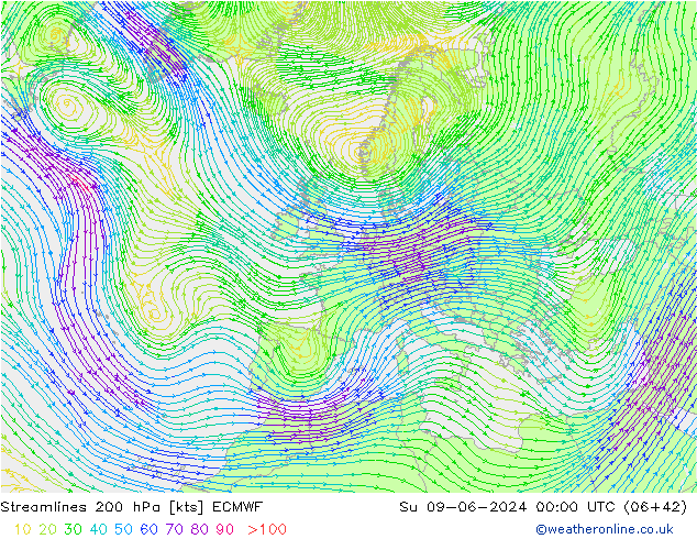 Linea di flusso 200 hPa ECMWF dom 09.06.2024 00 UTC