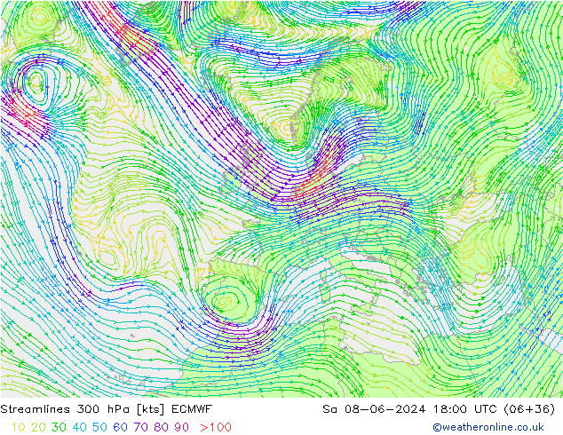 Linea di flusso 300 hPa ECMWF sab 08.06.2024 18 UTC