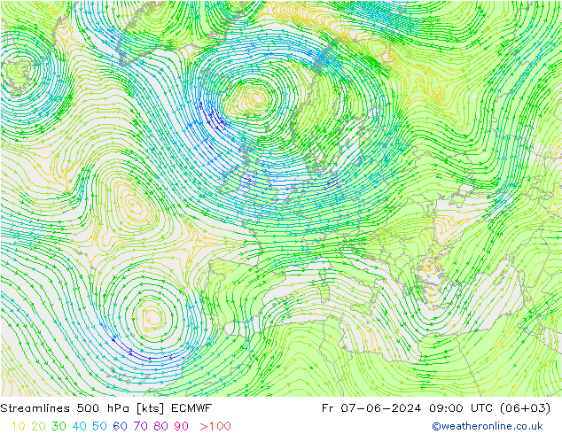 Streamlines 500 hPa ECMWF Fr 07.06.2024 09 UTC