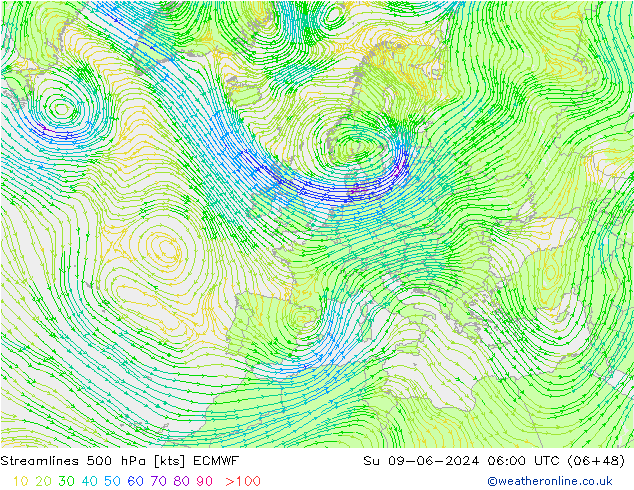 Streamlines 500 hPa ECMWF Su 09.06.2024 06 UTC