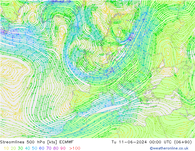 Streamlines 500 hPa ECMWF Tu 11.06.2024 00 UTC