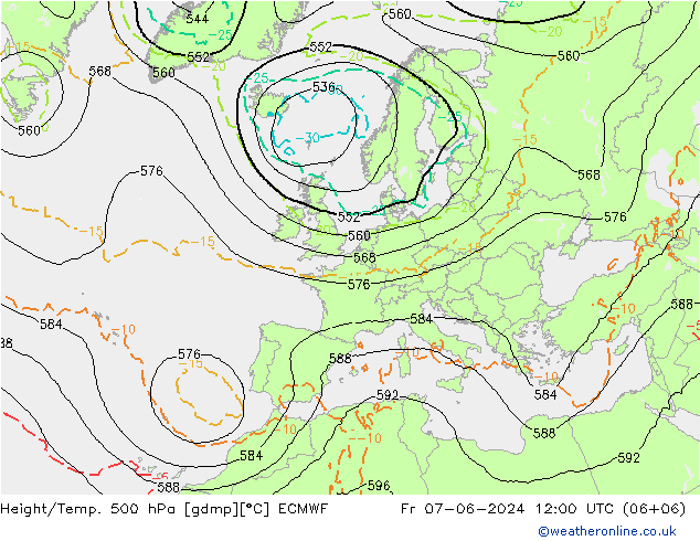 Hoogte/Temp. 500 hPa ECMWF vr 07.06.2024 12 UTC