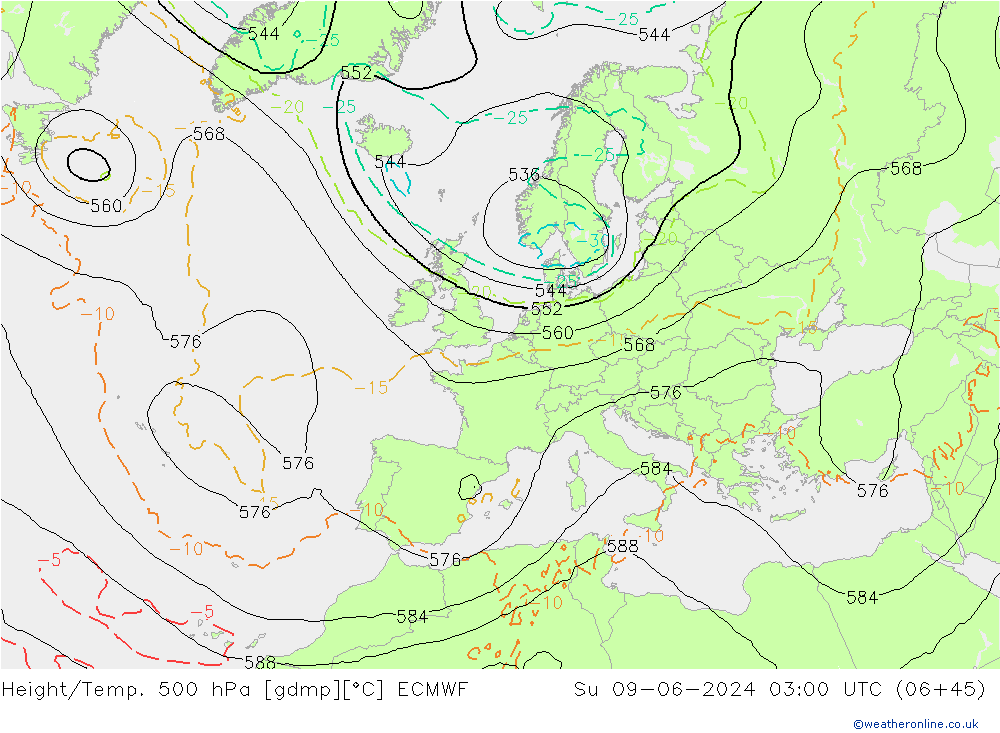 Height/Temp. 500 hPa ECMWF So 09.06.2024 03 UTC