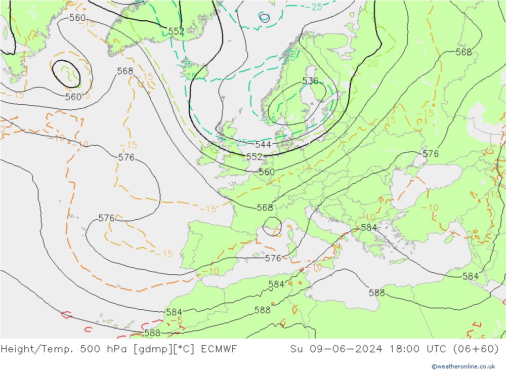 Z500/Rain (+SLP)/Z850 ECMWF Dom 09.06.2024 18 UTC