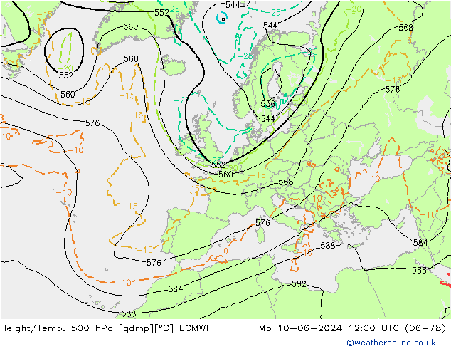 Z500/Rain (+SLP)/Z850 ECMWF Mo 10.06.2024 12 UTC