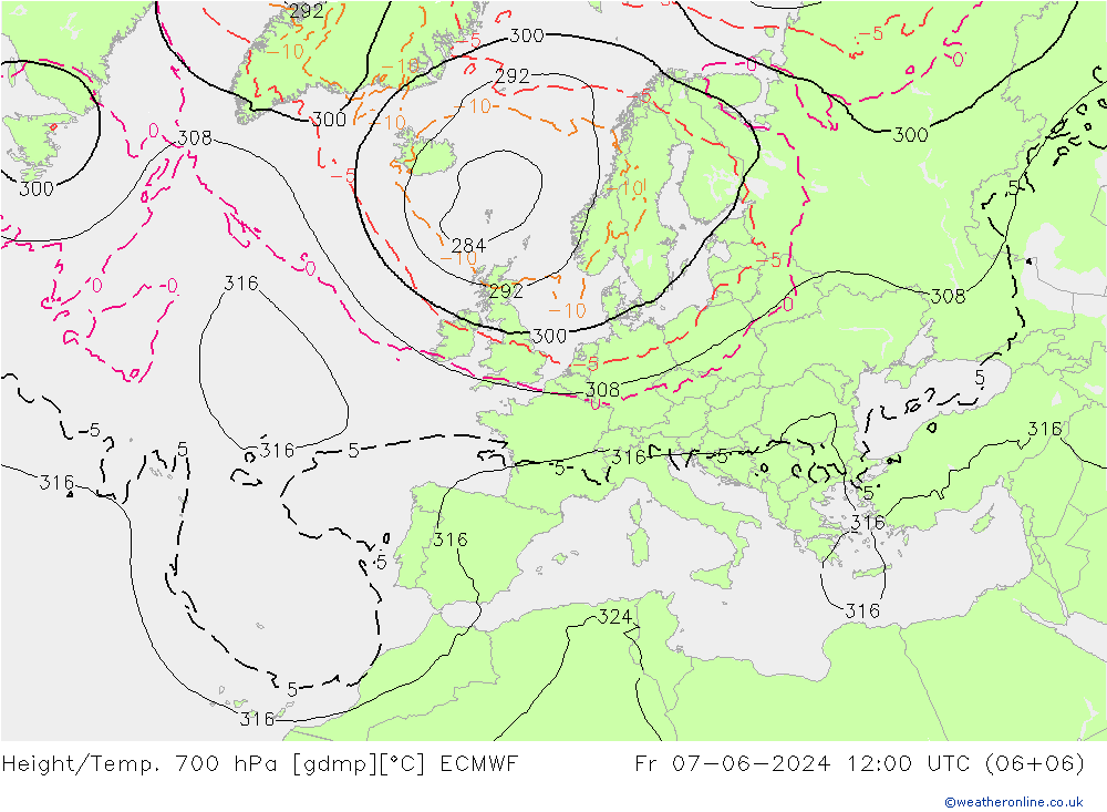 Height/Temp. 700 hPa ECMWF Fr 07.06.2024 12 UTC