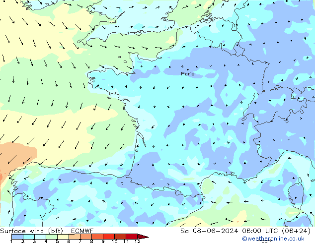 ве�Bе�@ 10 m (bft) ECMWF сб 08.06.2024 06 UTC