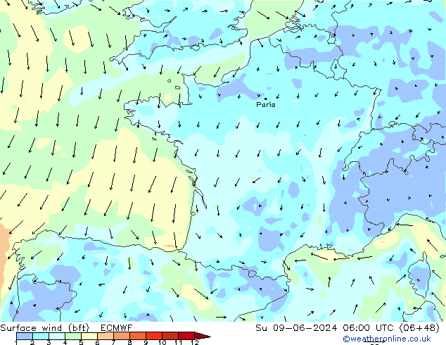 ве�Bе�@ 10 m (bft) ECMWF Вс 09.06.2024 06 UTC