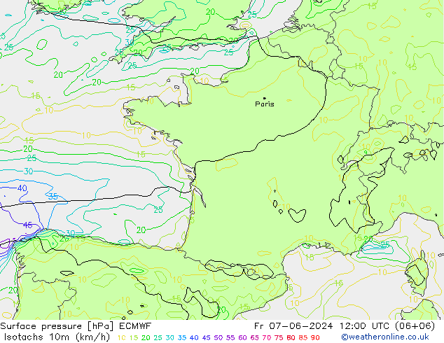 Isotachen (km/h) ECMWF Fr 07.06.2024 12 UTC